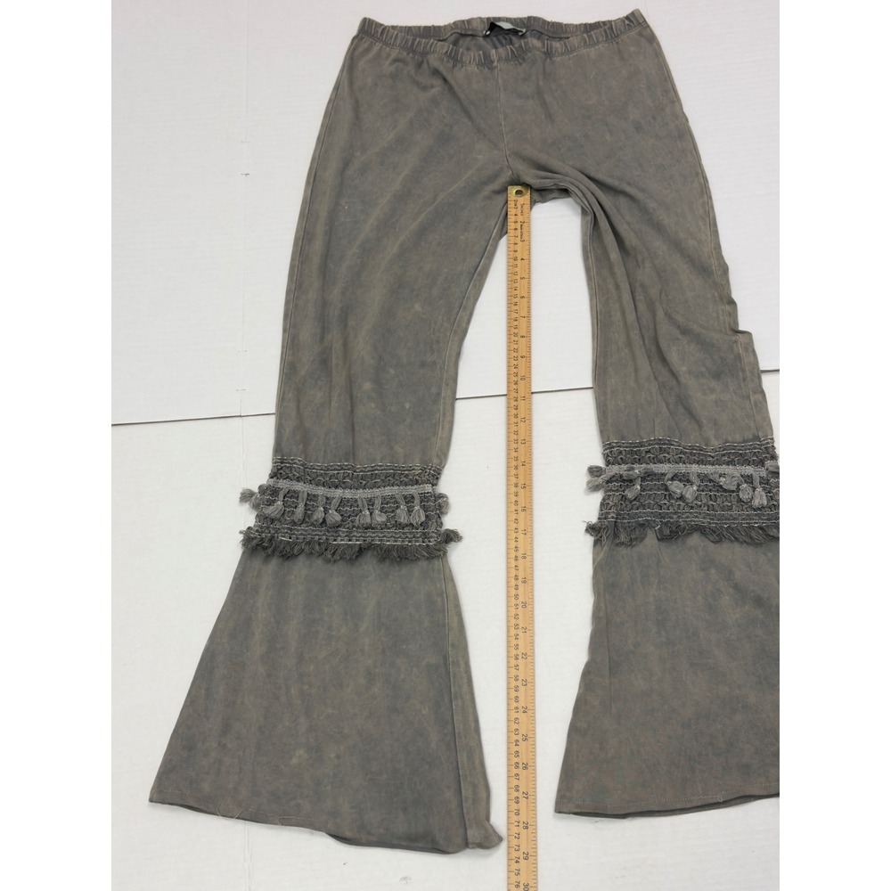 Chatoyant Flare Leg Pants Womens L Gray Tassel Trim Mineral Wash Boho Festival - Picture 10 of 10